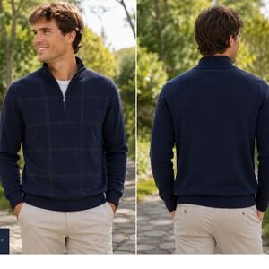 Isaia Sweater Mens Small Navy Blue Extrafine Merino Wool Quarter Zip Windowpane